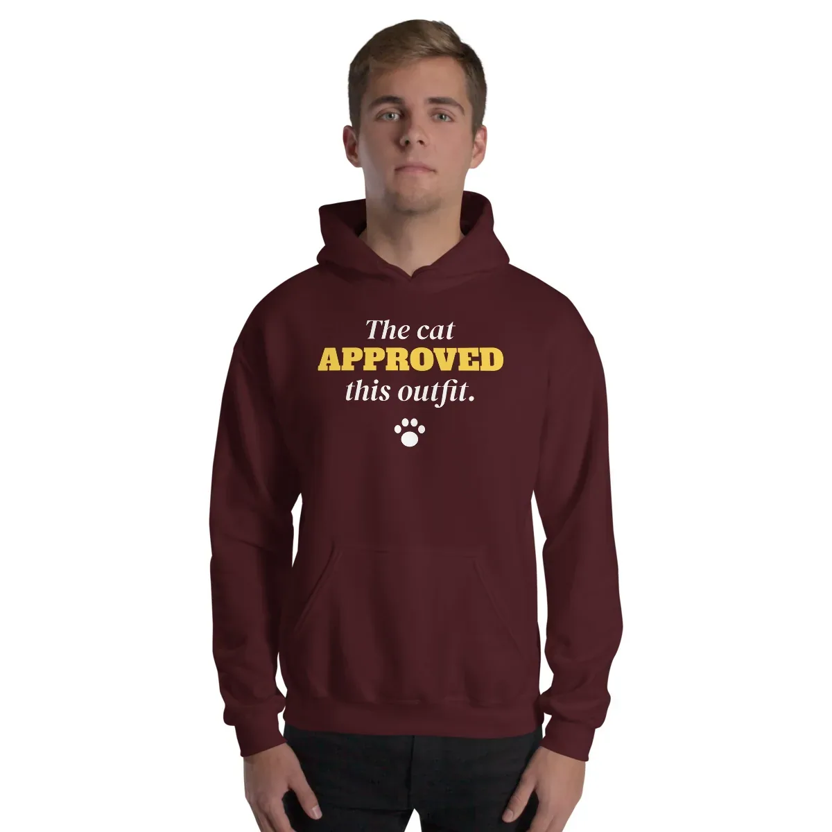 The cat approved this outfit — maroon unisex hoodie: On model, front
