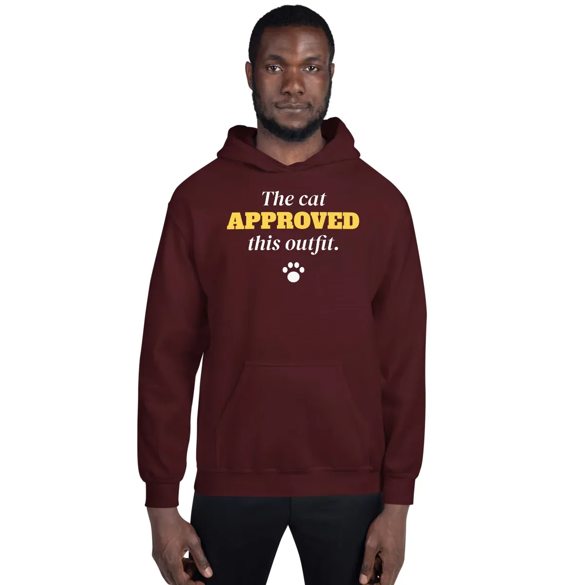 The cat approved this outfit — maroon unisex hoodie: On model, front