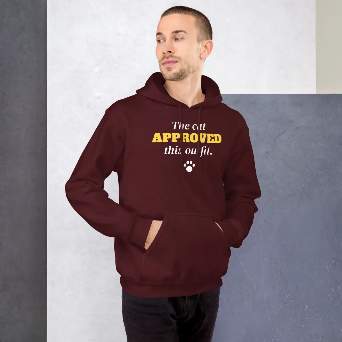 The cat approved this outfit — maroon unisex hoodie: On model, front