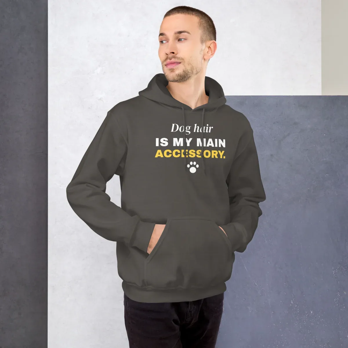 Dog hair is my main accessory — charcoal unisex hoodie: On model, front