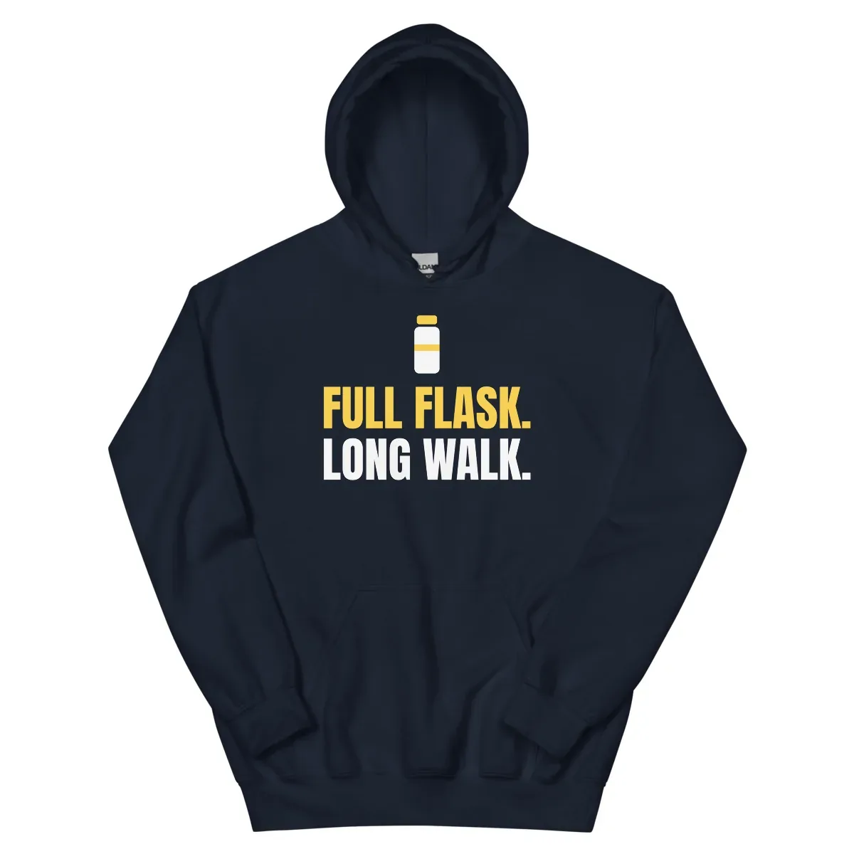 Full flask. Long walk — navy unisex hoodie: Front view