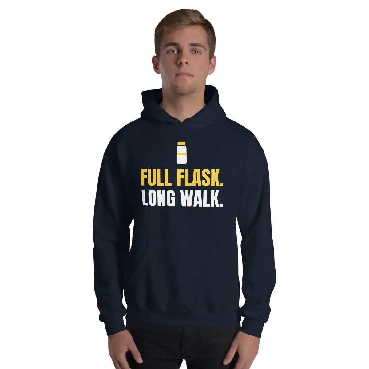 Full flask. Long walk — navy unisex hoodie: Worn (model)