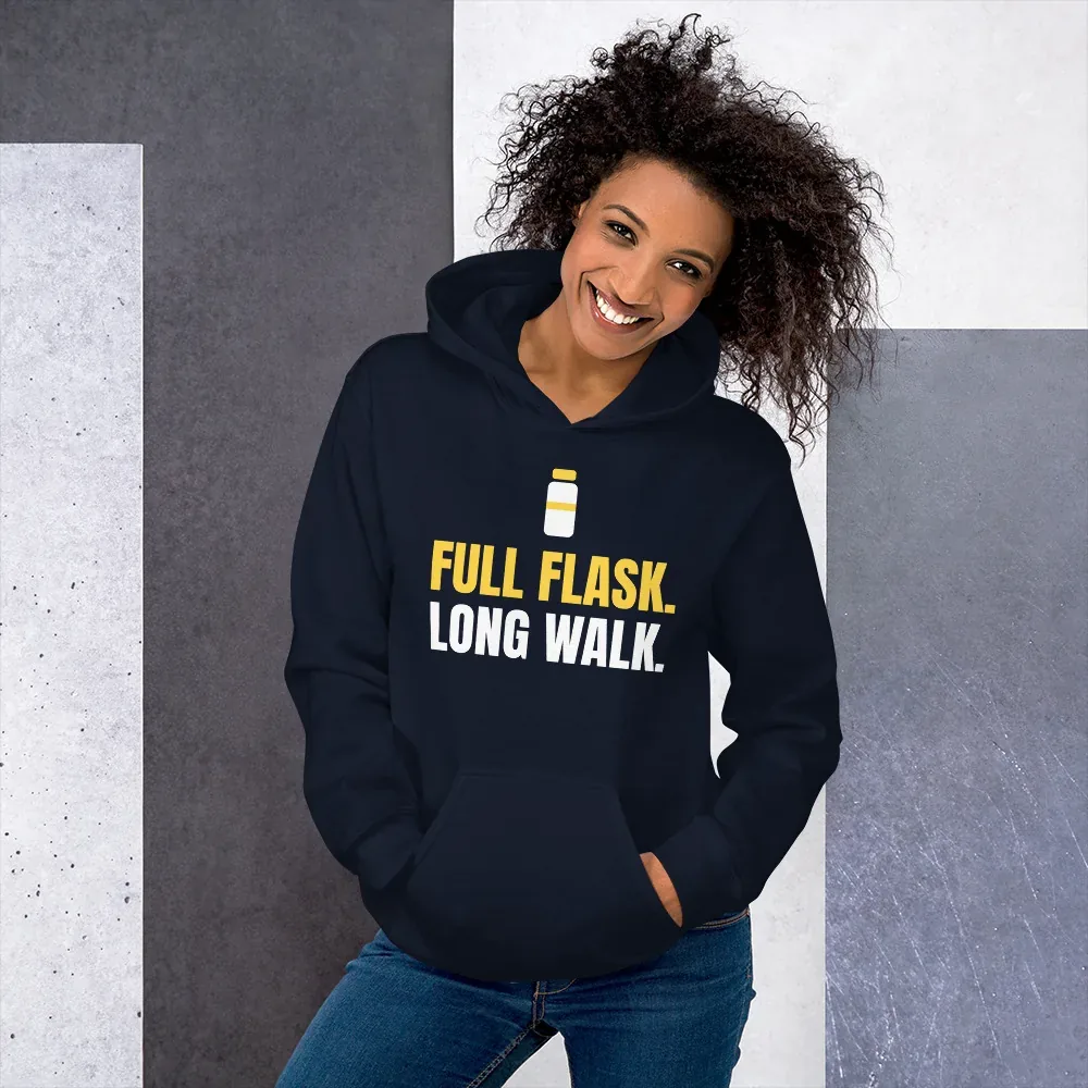 Full flask. Long walk — navy unisex hoodie: Worn (lifestyle)