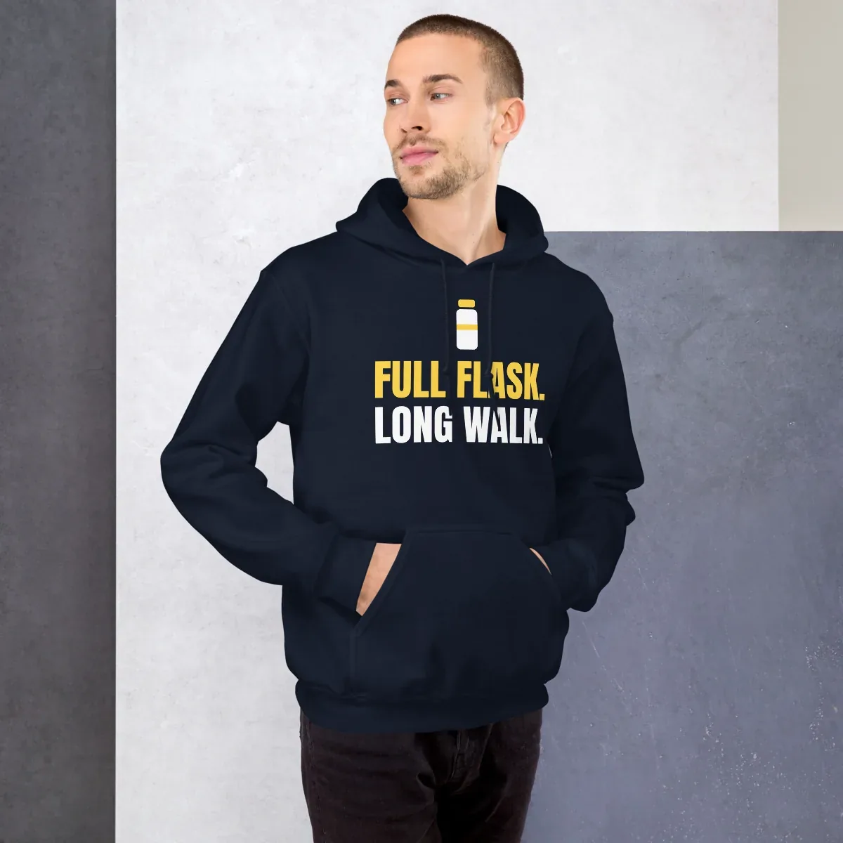 Full flask. Long walk — navy unisex hoodie: Worn (lifestyle)