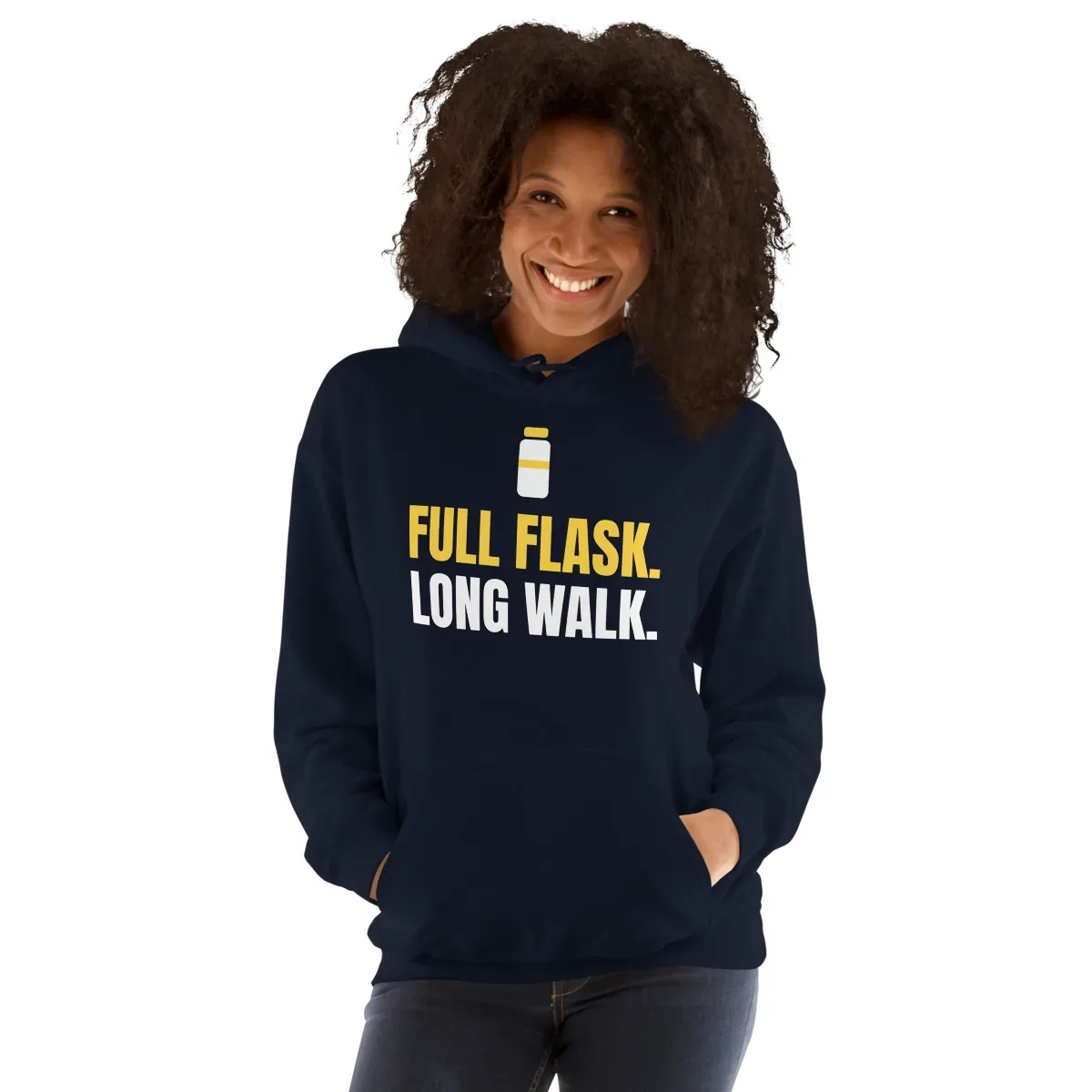 Full flask. Long walk — navy unisex hoodie: Worn (model)