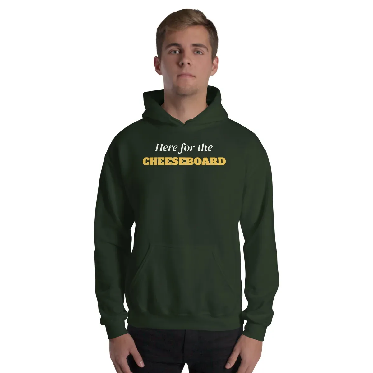 Here for the cheeseboard — forest green unisex hoodie: On model, front