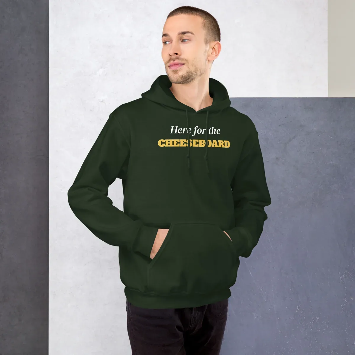 Here for the cheeseboard — forest green unisex hoodie: On model, front
