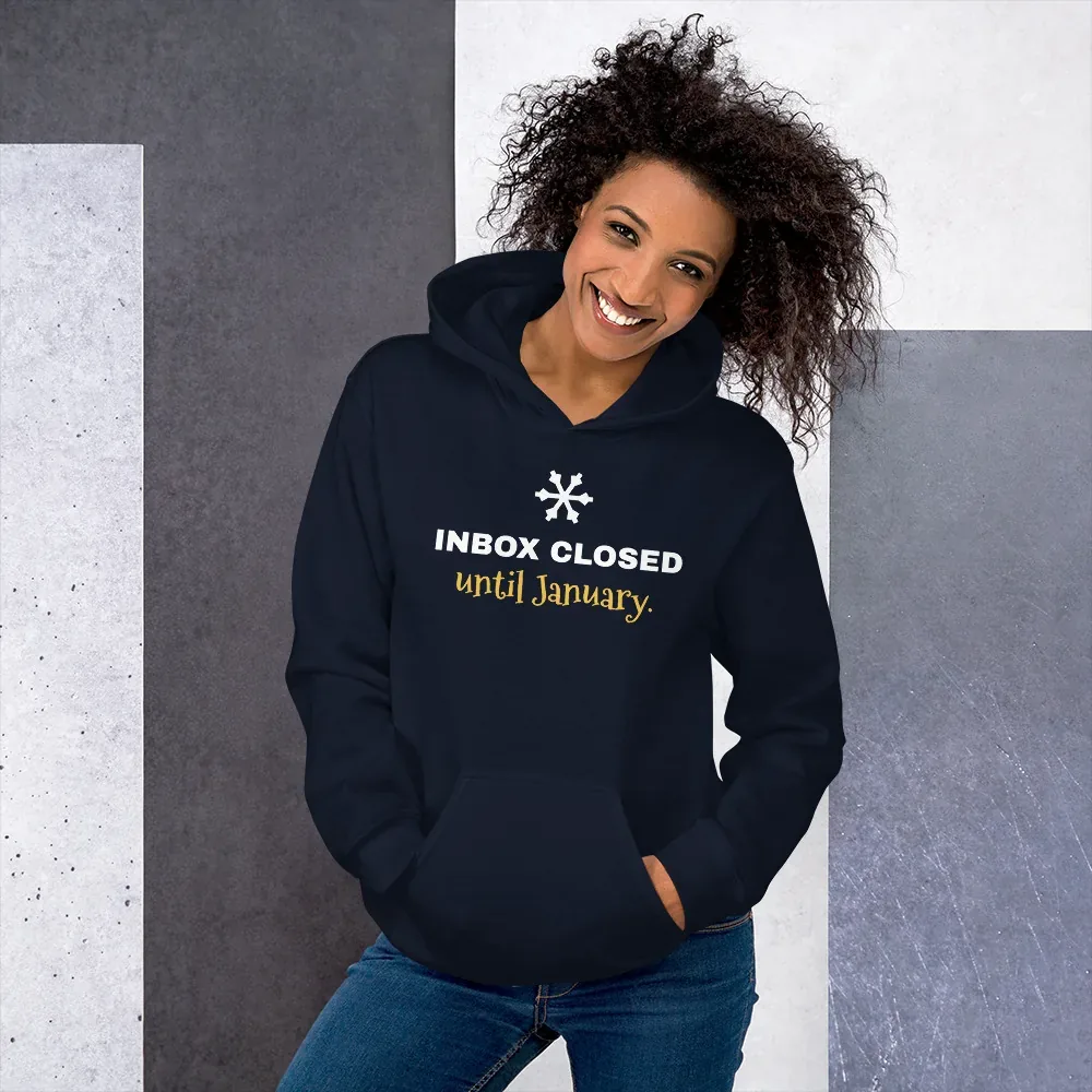Inbox closed until January — navy unisex hoodie: Worn (lifestyle)