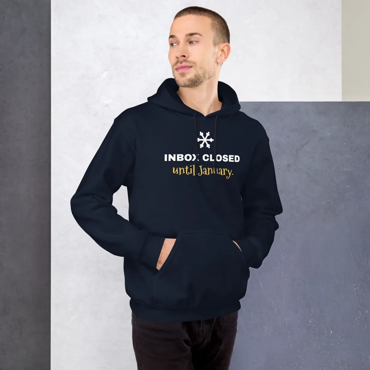 Inbox closed until January — navy unisex hoodie: Worn (lifestyle)