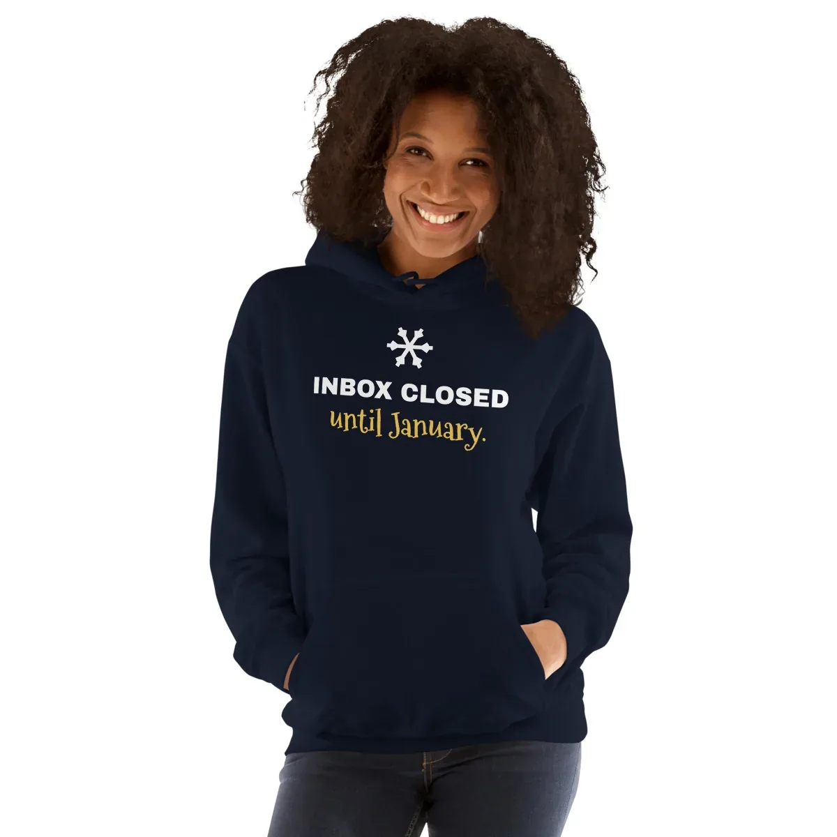 Inbox closed until January — navy unisex hoodie: Worn (model)