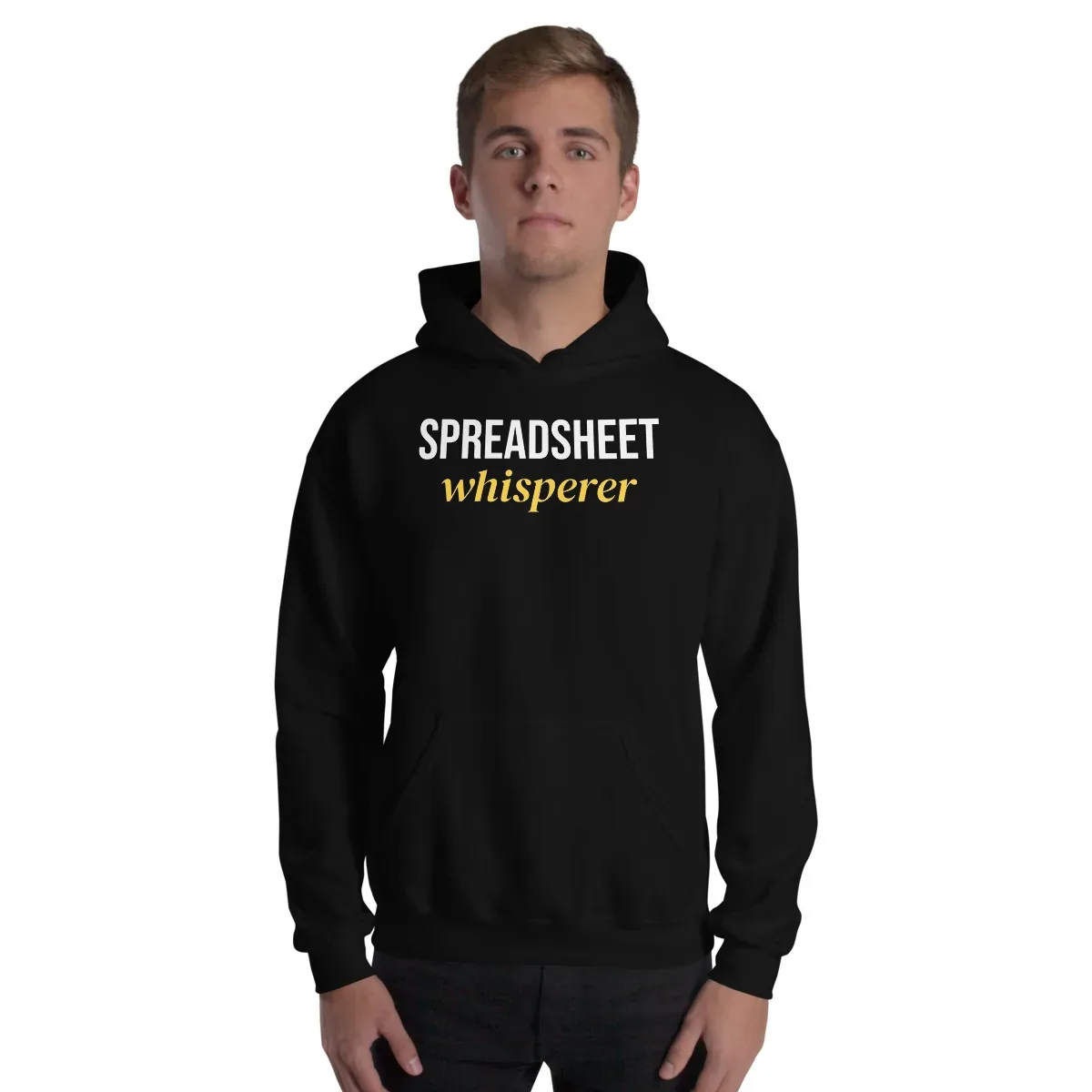 Spreadsheet whisperer — black unisex hoodie: On model, front