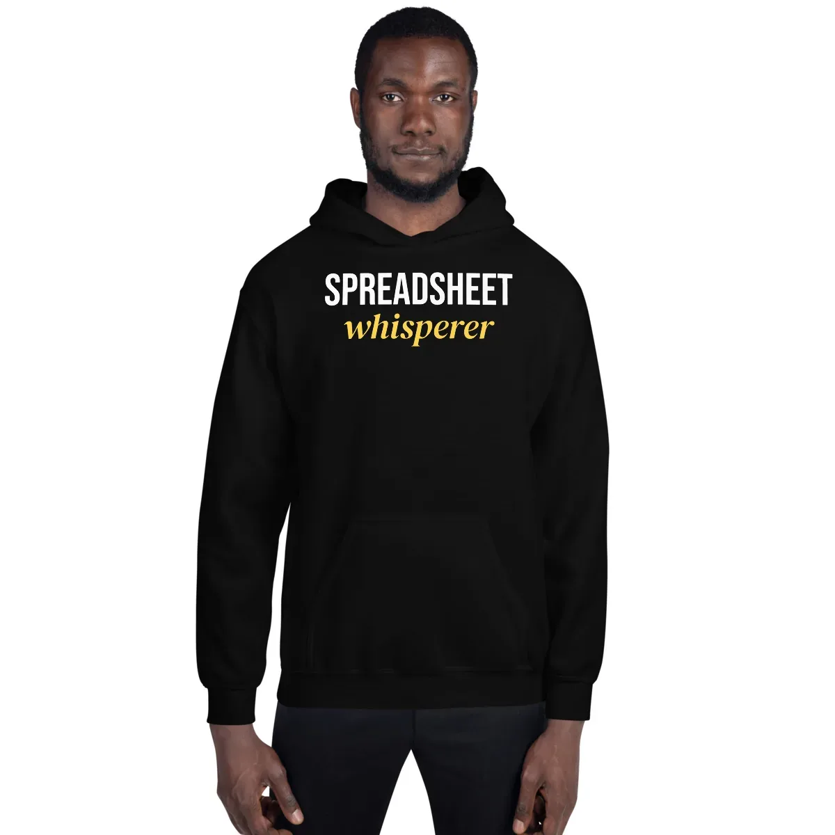 Spreadsheet whisperer — black unisex hoodie: On model, front