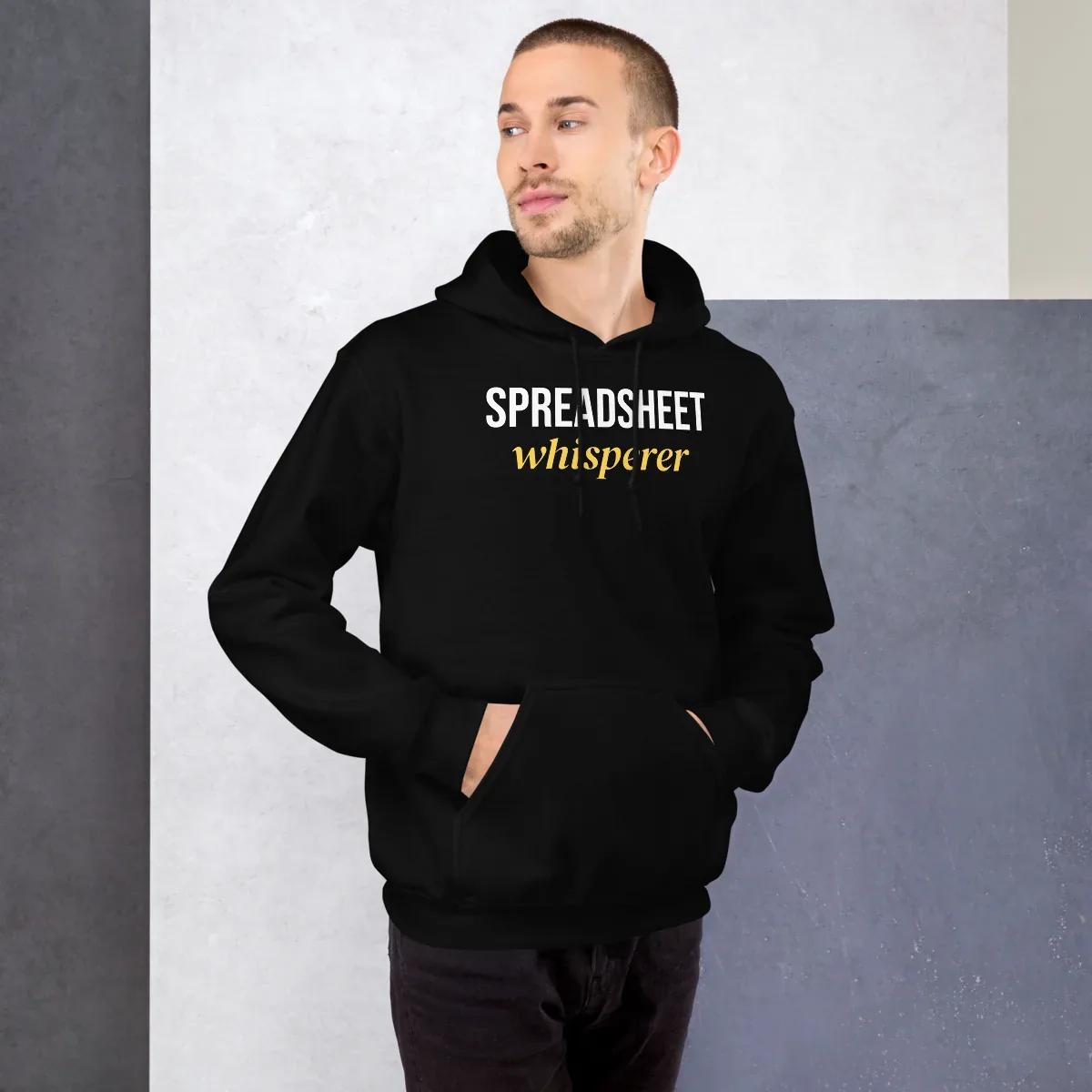 Spreadsheet whisperer — black unisex hoodie: On model, front
