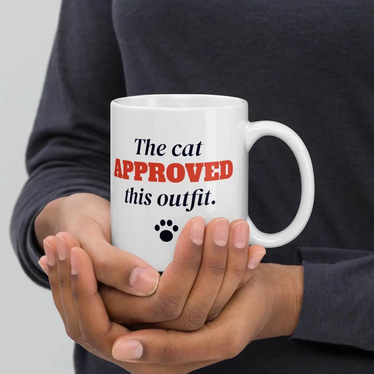 The cat approved this outfit — 11oz mug: Lifestyle, handle on right
