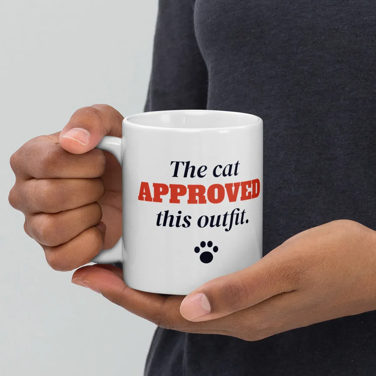 The cat approved this outfit — 11oz mug: Lifestyle, handle on left