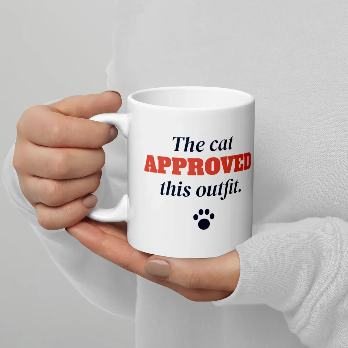 The cat approved this outfit — 11oz mug: Lifestyle, handle on left