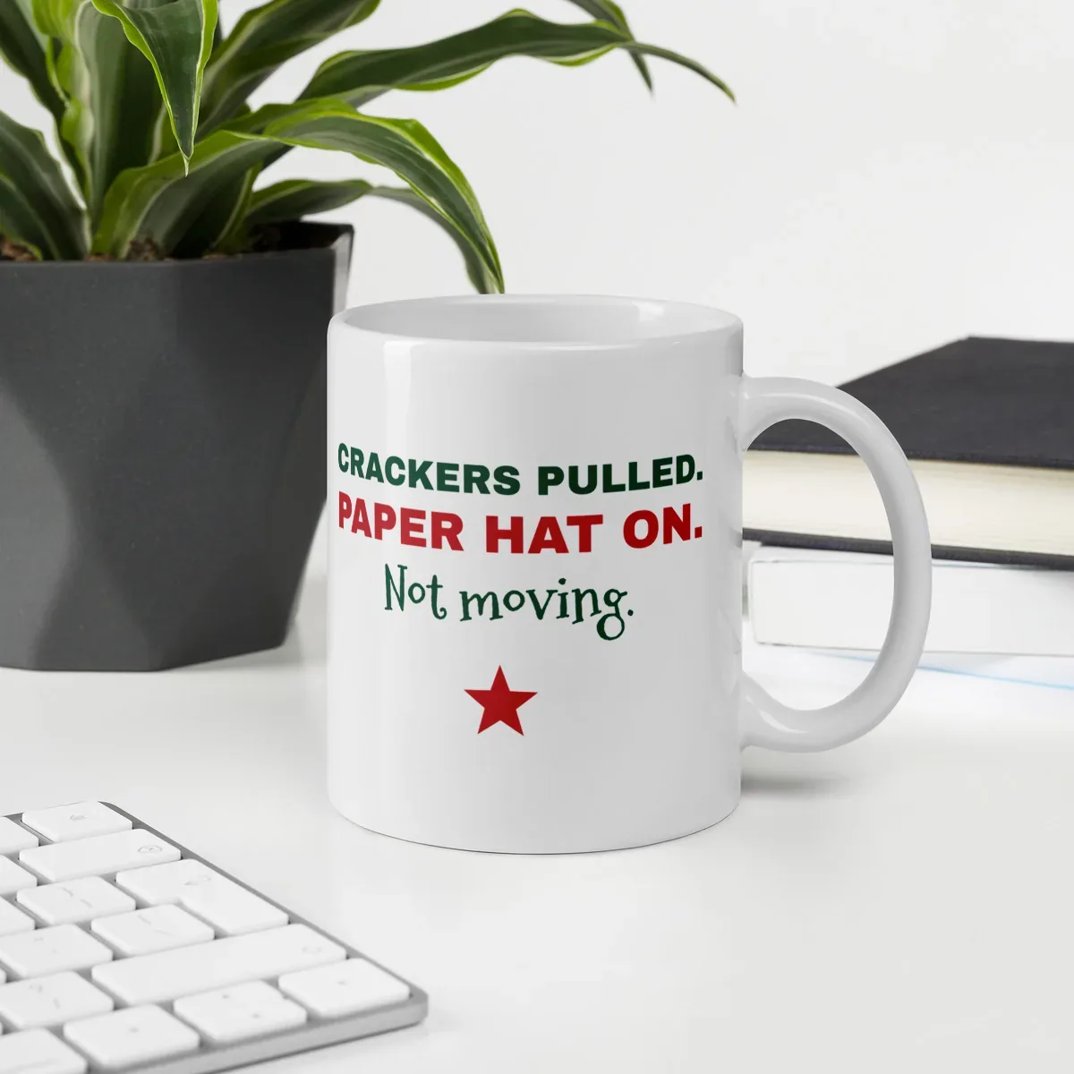 Crackers pulled. Paper hat on. Not moving. — 11oz mug: Lifestyle, office environment