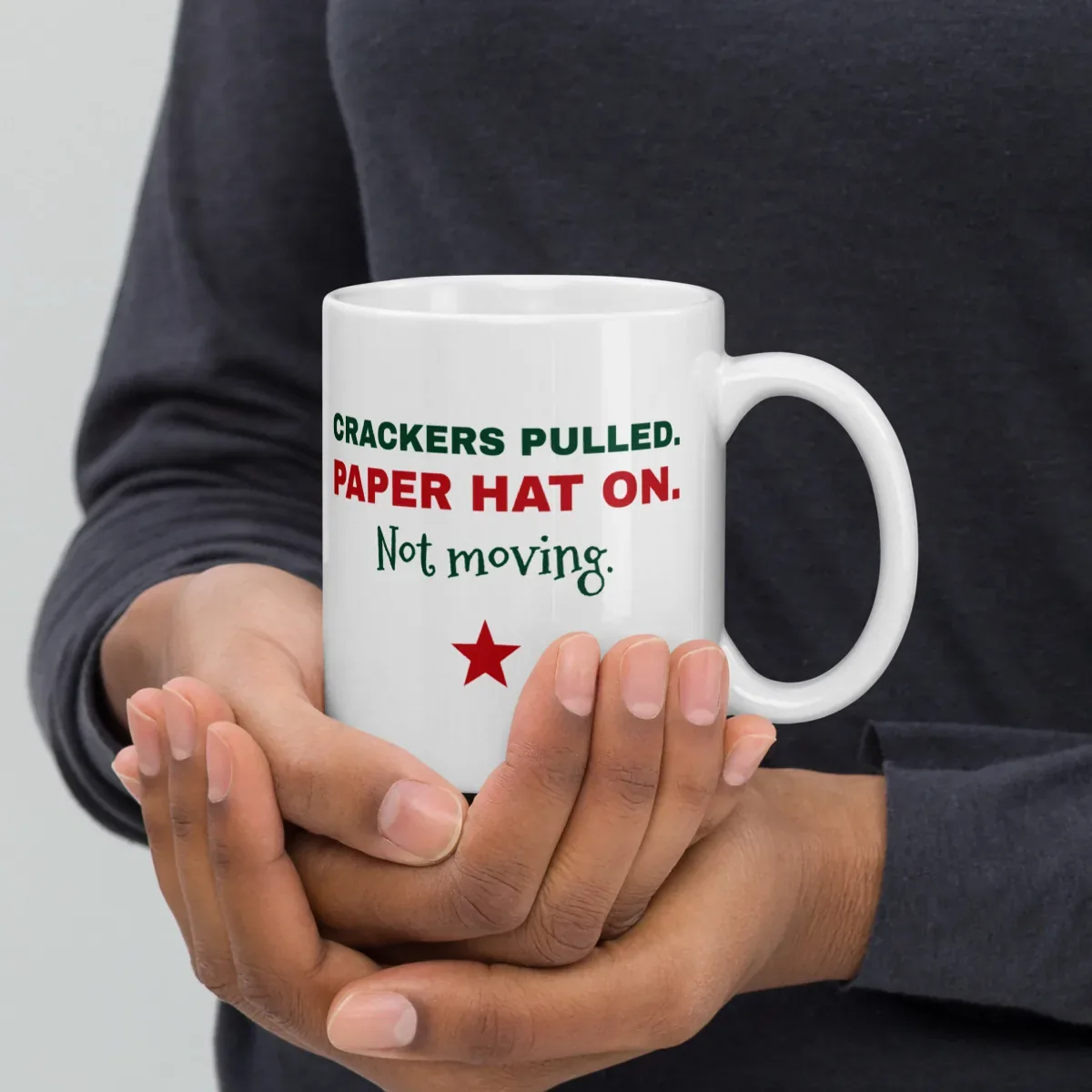 Crackers pulled. Paper hat on. Not moving. — 11oz mug: Lifestyle, handle on right