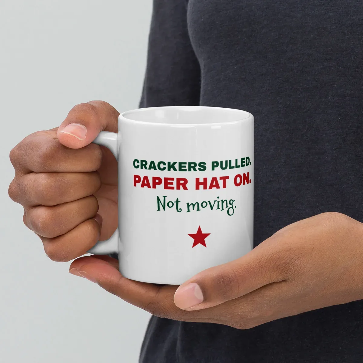 Crackers pulled. Paper hat on. Not moving. — 11oz mug: Lifestyle, handle on left