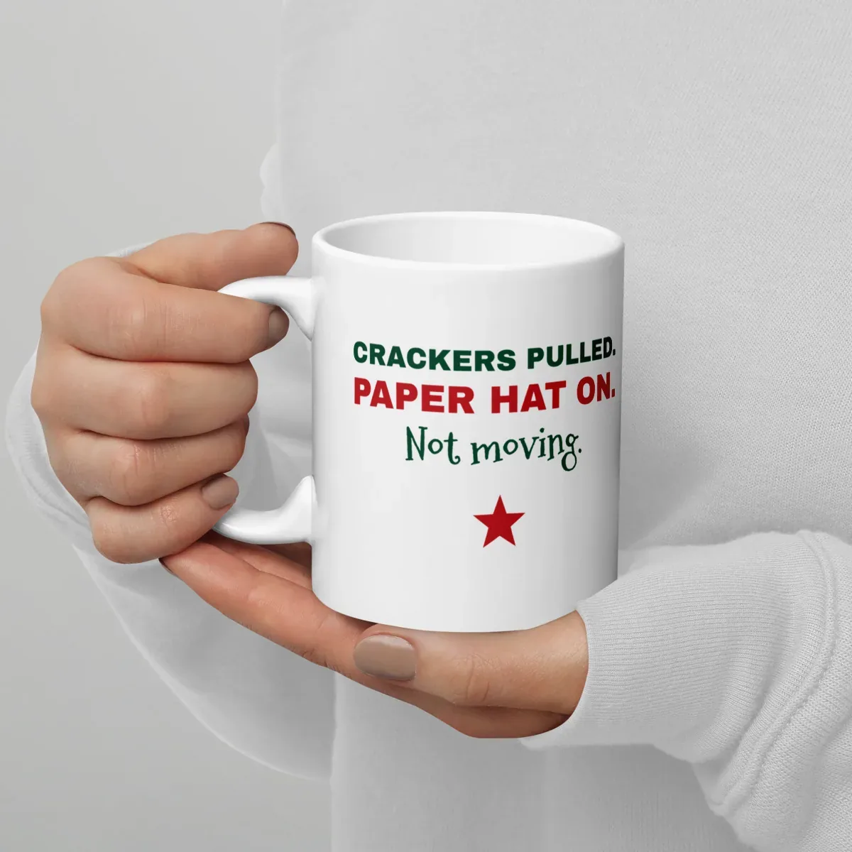 Crackers pulled. Paper hat on. Not moving. — 11oz mug: Lifestyle, handle on left