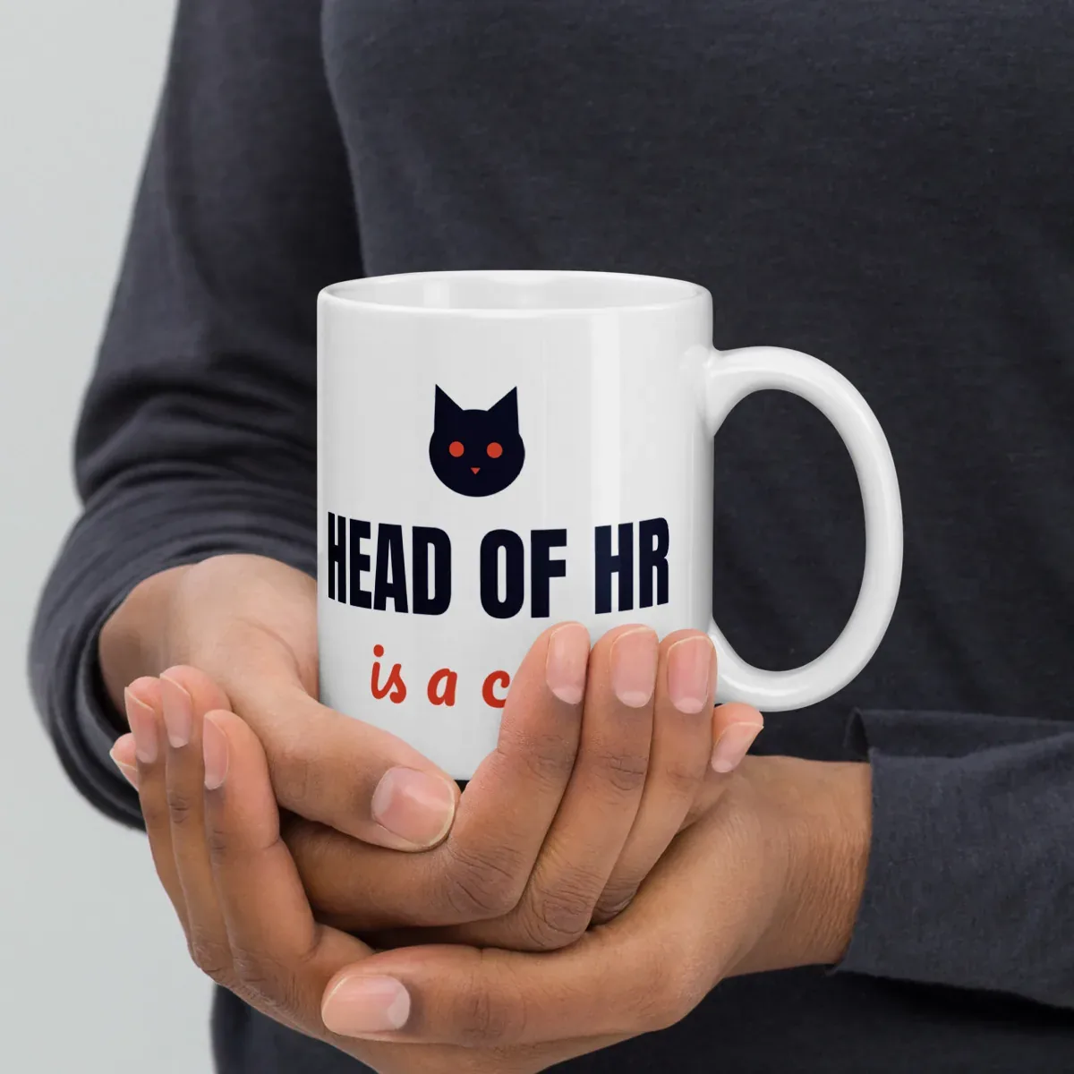 Head of HR is a cat — 11oz mug: In hand