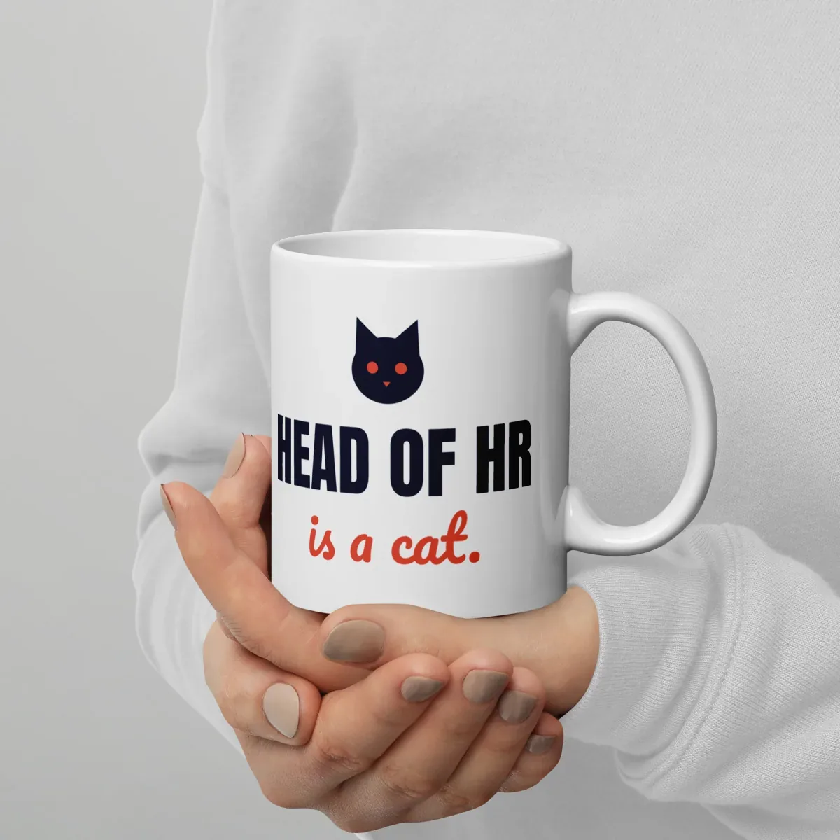 Head of HR is a cat — 11oz mug: In hand