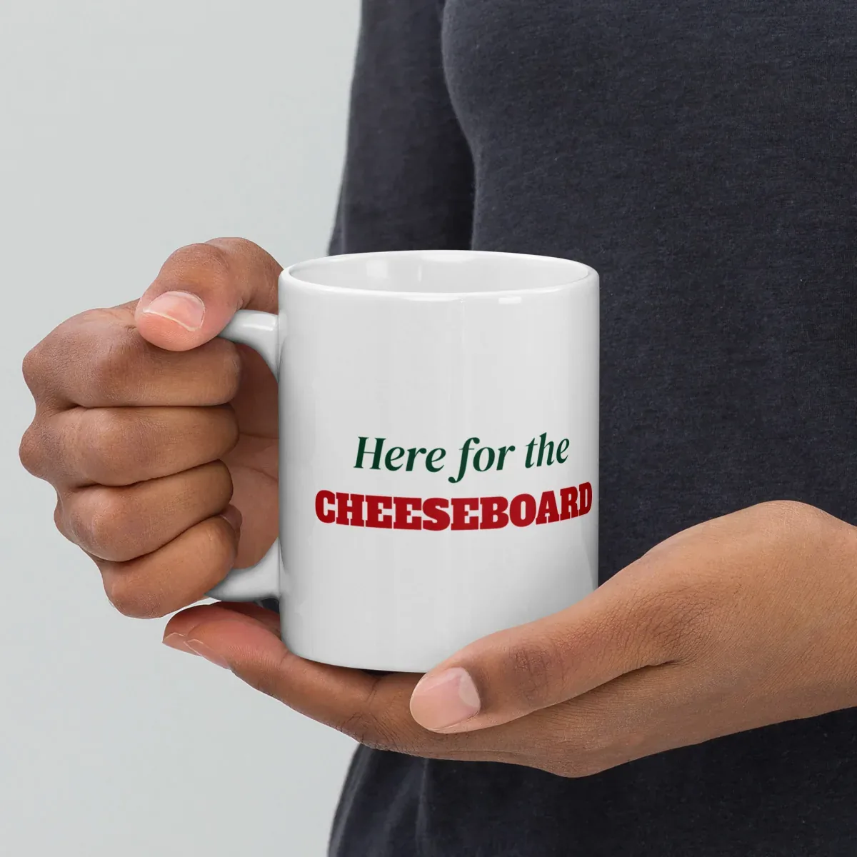Here for the cheeseboard — 11oz mug: Lifestyle, handle on left