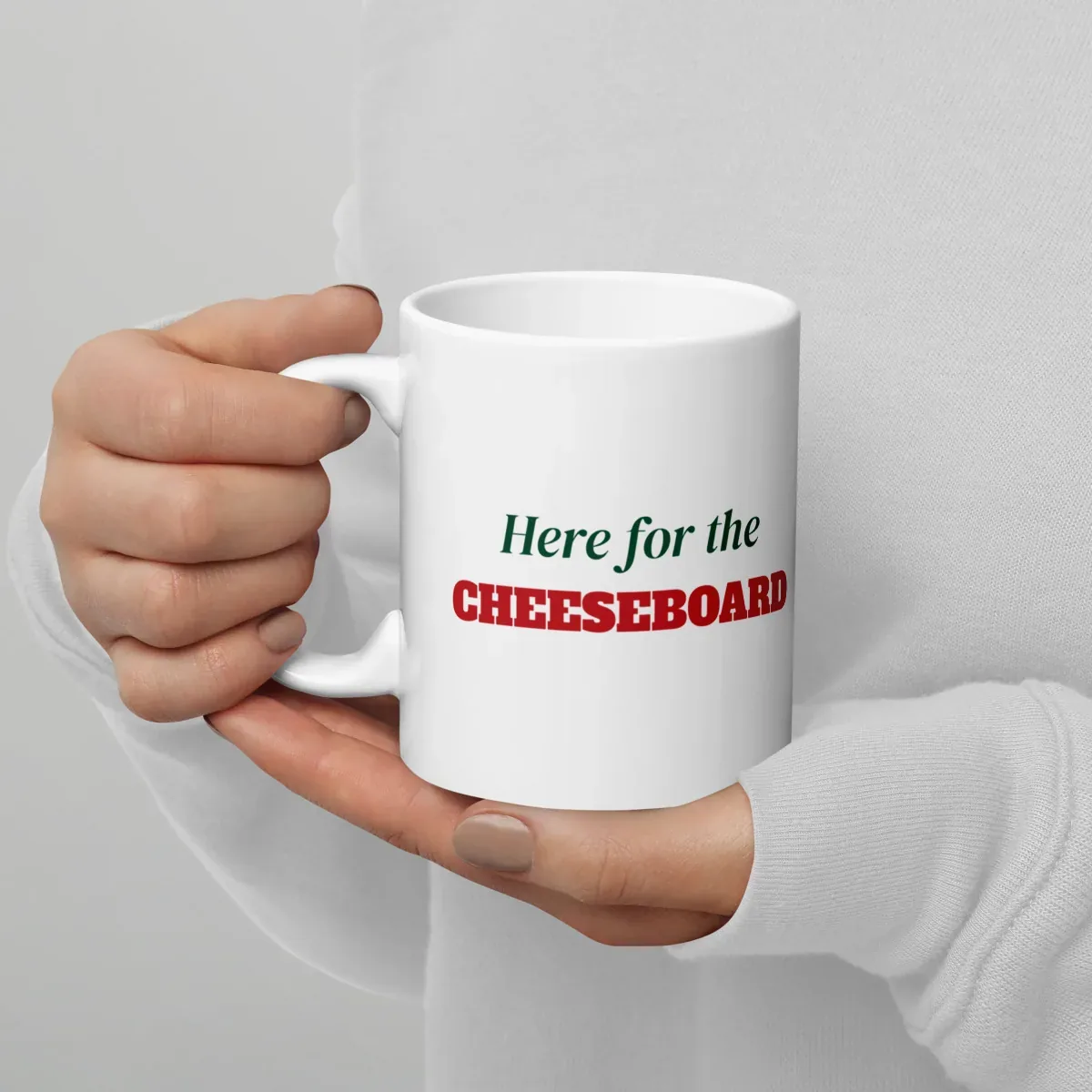 Here for the cheeseboard — 11oz mug: Lifestyle, handle on left