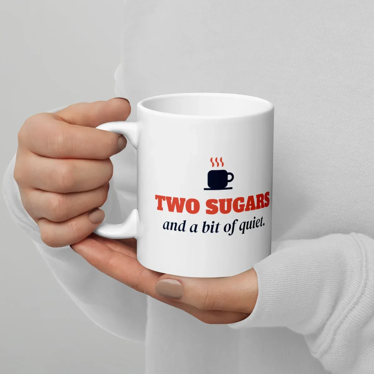 Two sugars and a bit of quiet — 11oz mug: Lifestyle, handle on left