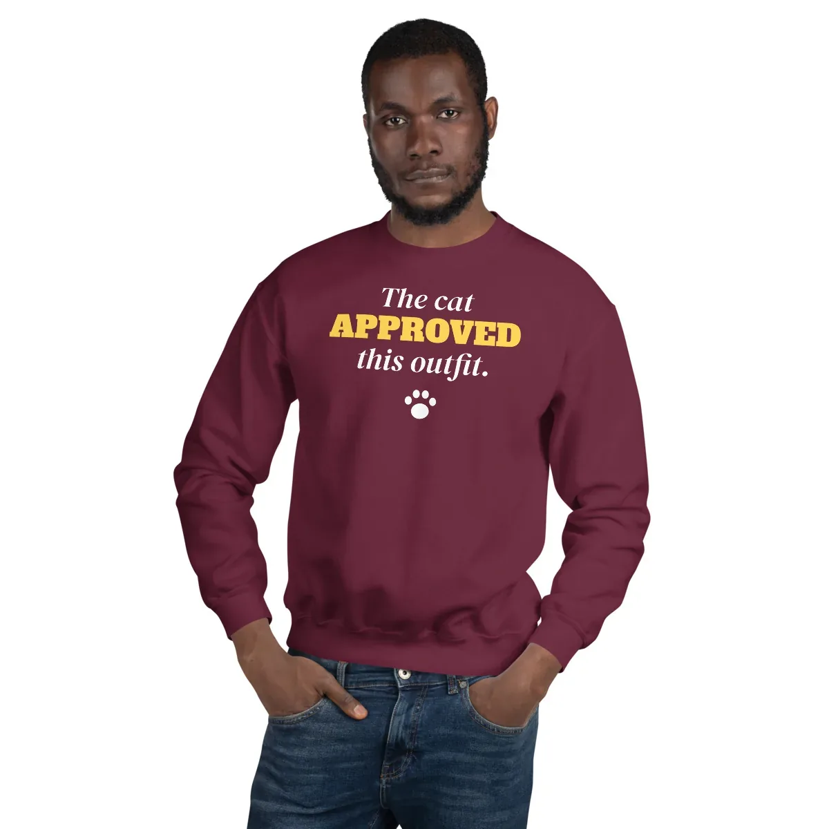The cat approved this outfit — maroon unisex sweatshirt: On model, front