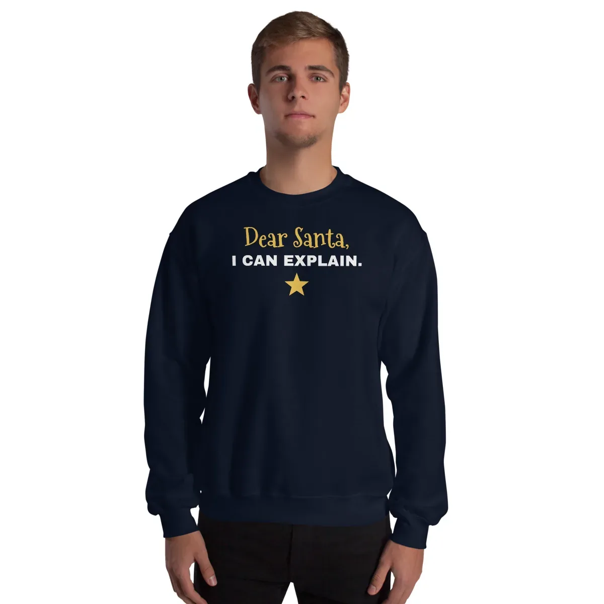 Dear Santa, I can explain — navy unisex sweatshirt: Worn (model)