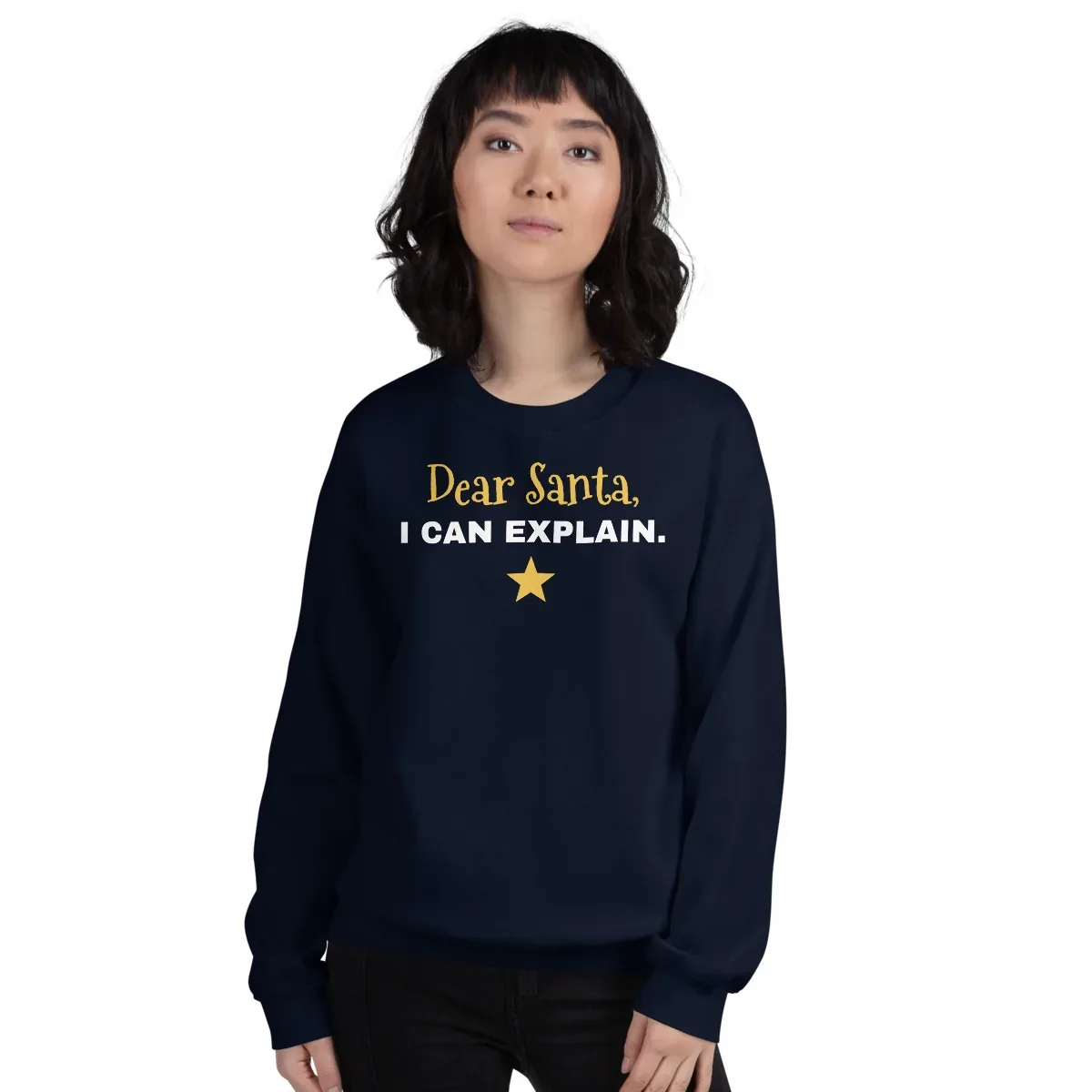 Dear Santa, I can explain — navy unisex sweatshirt: Worn (model)