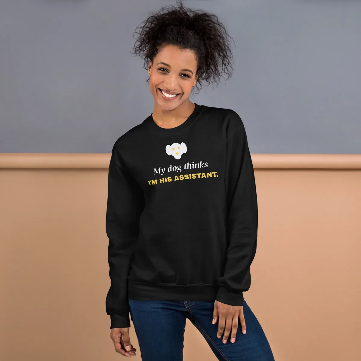 My dog thinks I'm his assistant — black unisex sweatshirt: Worn (lifestyle)