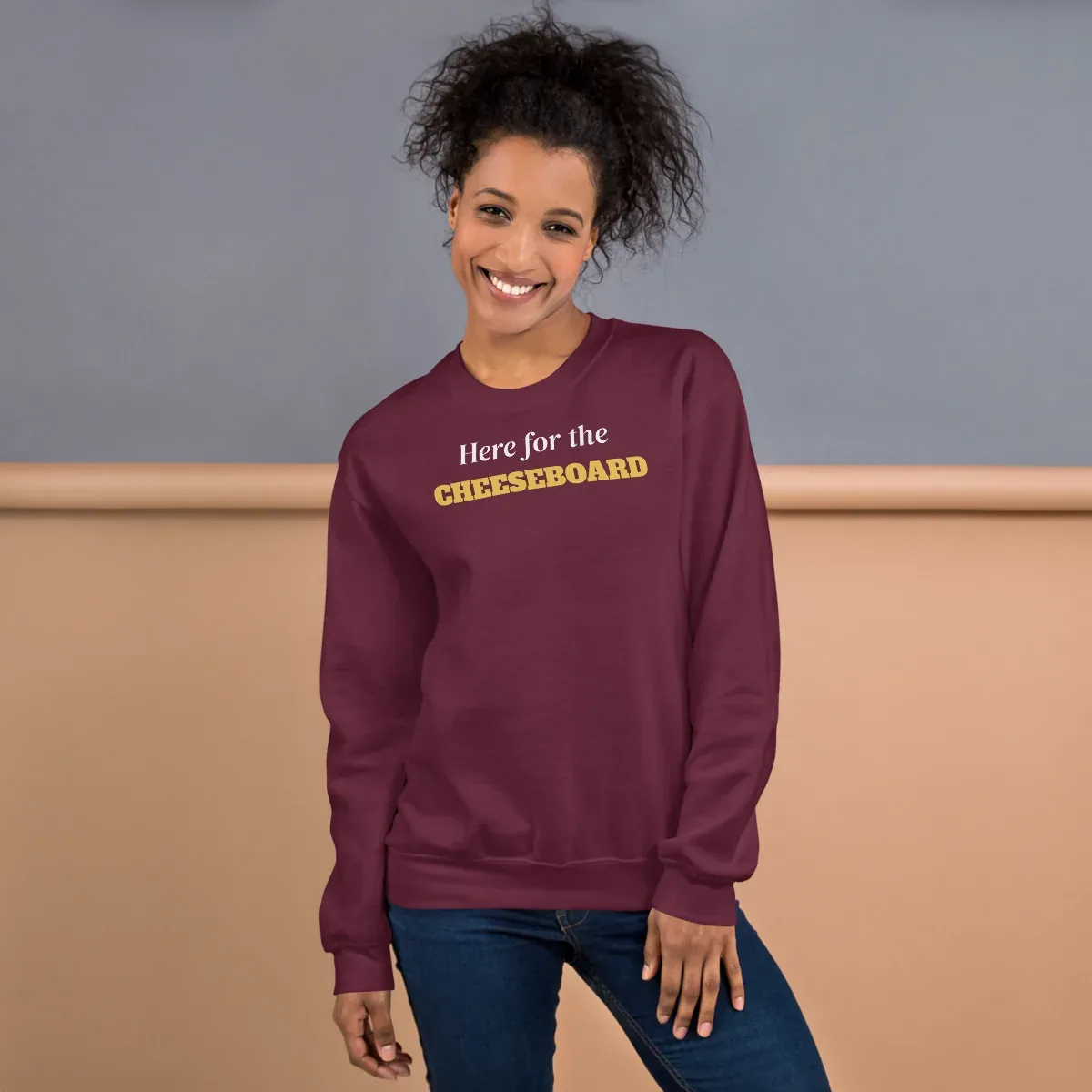 Here for the cheeseboard — maroon unisex sweatshirt: On model, front