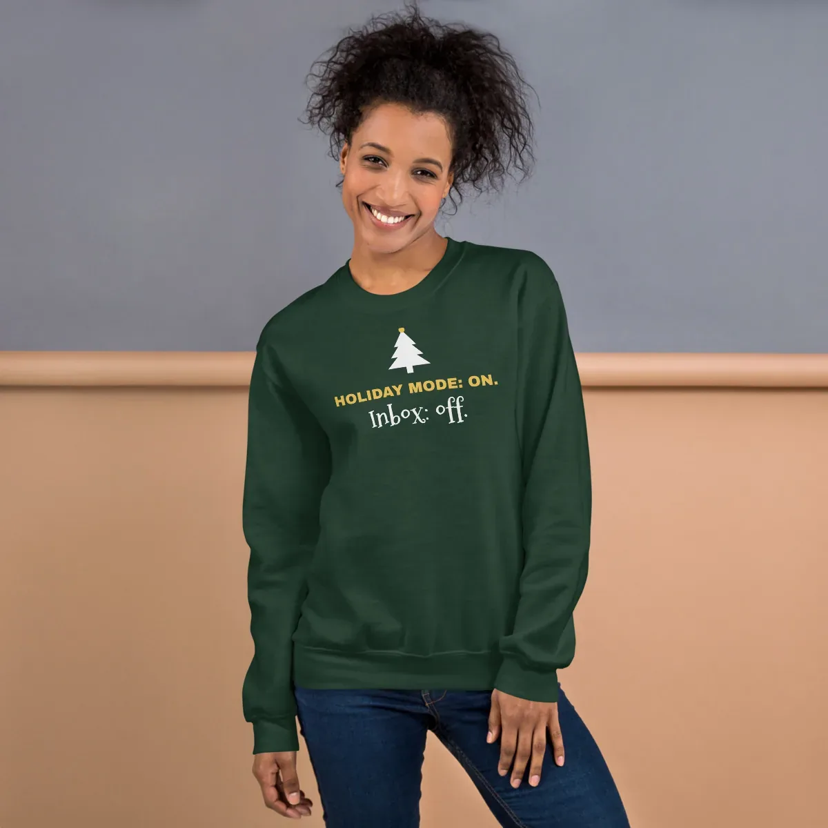 Holiday mode: on. Inbox: off — forest green unisex sweatshirt: Worn (lifestyle)