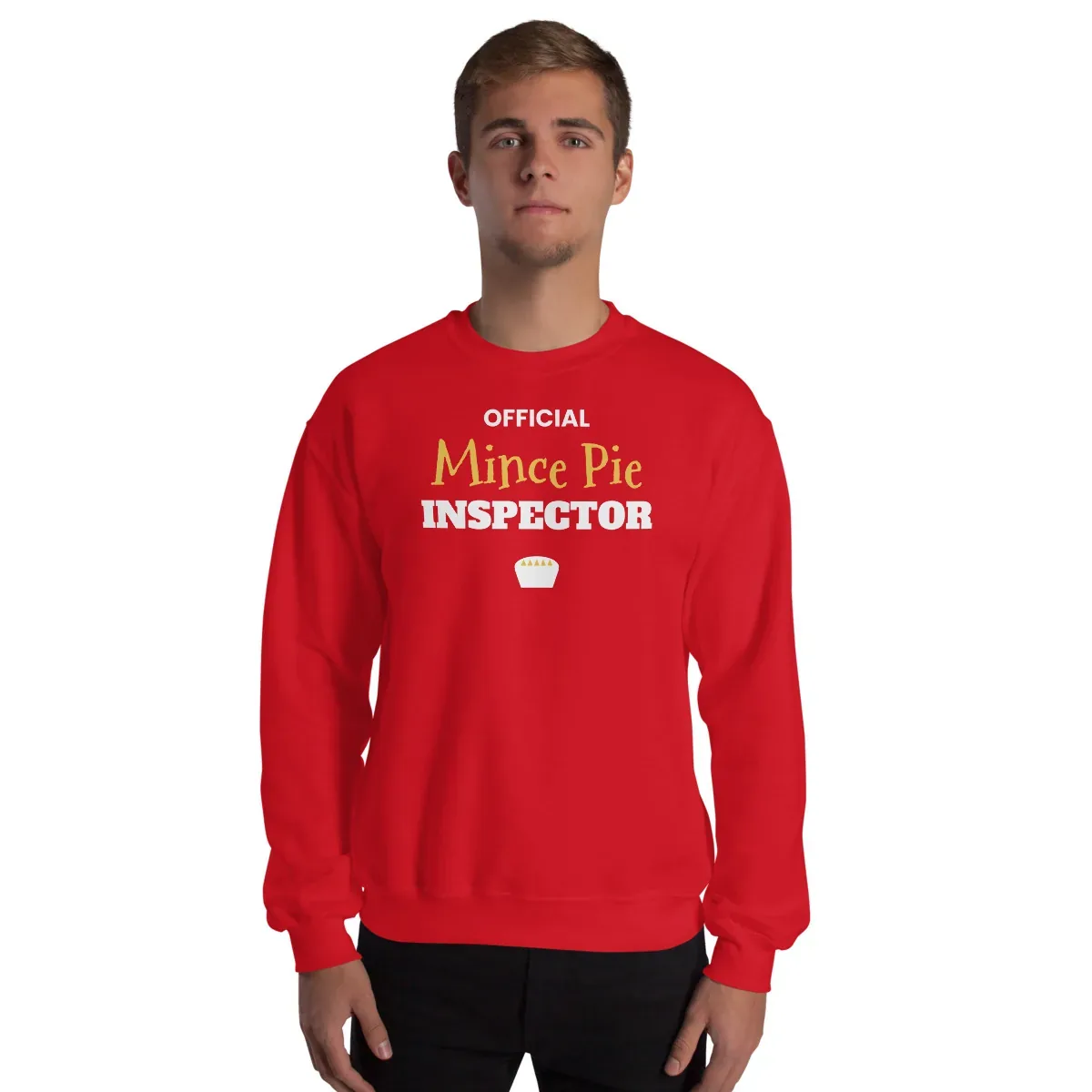 Official Mince Pie Inspector — red unisex sweatshirt: Worn (model)