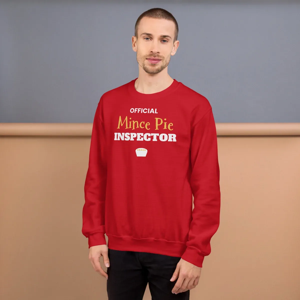Official Mince Pie Inspector — red unisex sweatshirt: Worn (lifestyle)