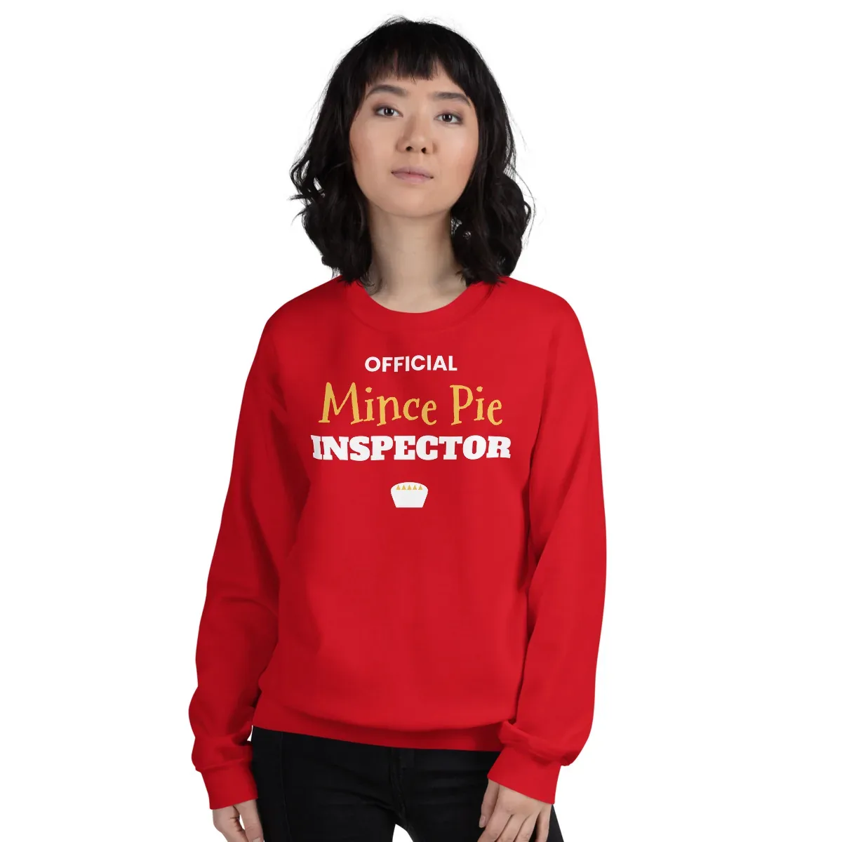 Official Mince Pie Inspector — red unisex sweatshirt: Worn (model)