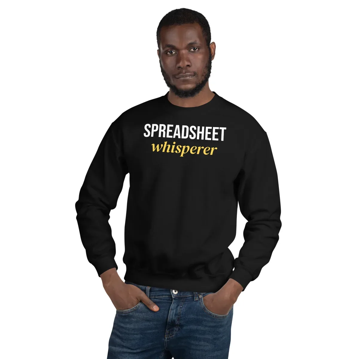 Spreadsheet whisperer — black unisex sweatshirt: On model, front