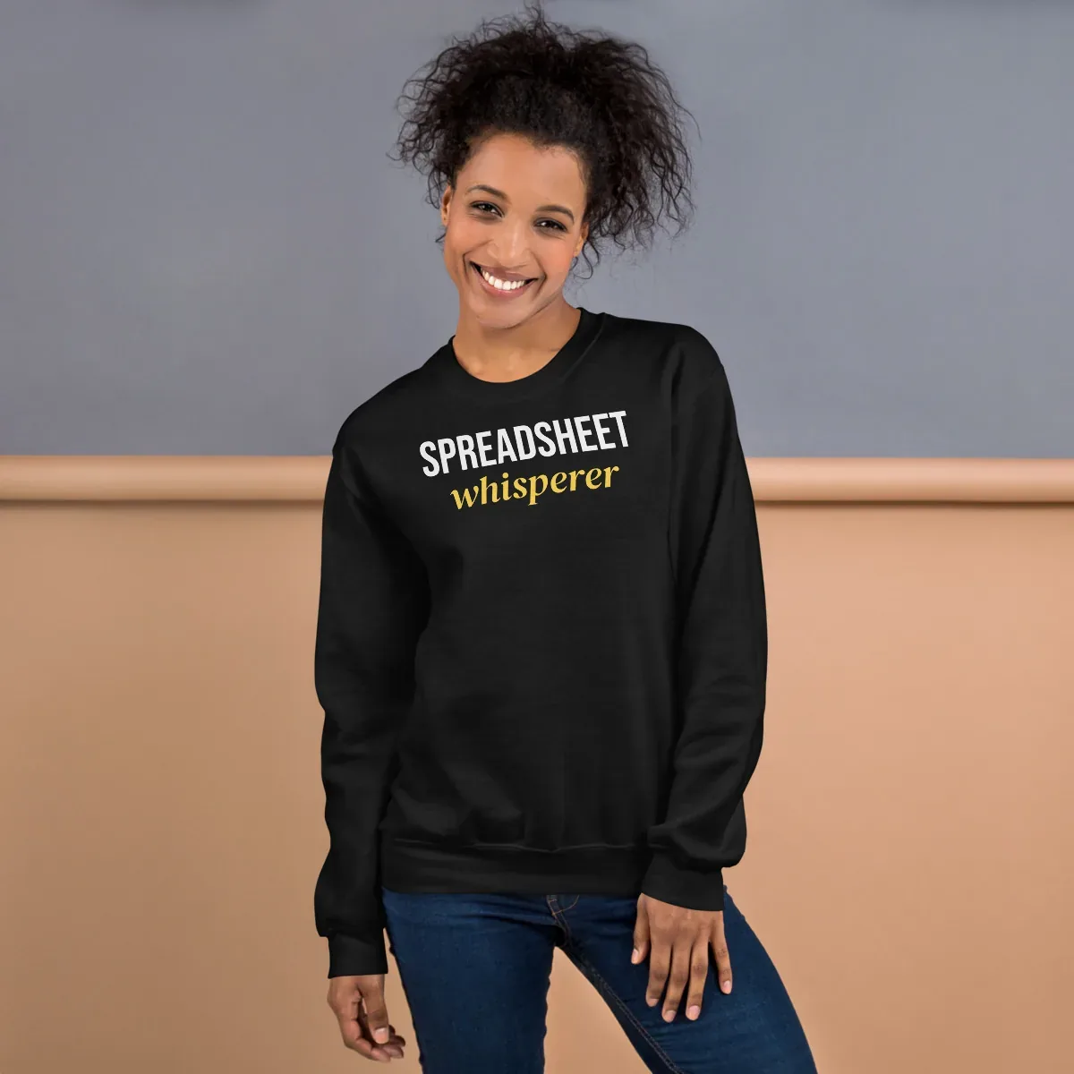 Spreadsheet whisperer — black unisex sweatshirt: On model, front