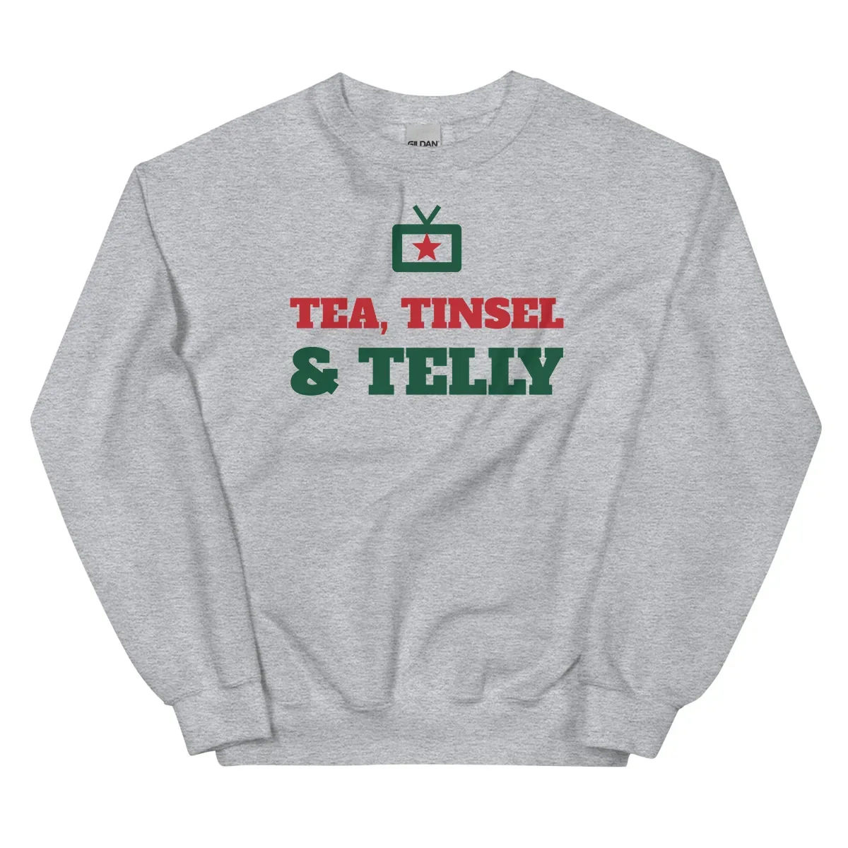 Tea, tinsel & telly — sport grey unisex sweatshirt: Front view