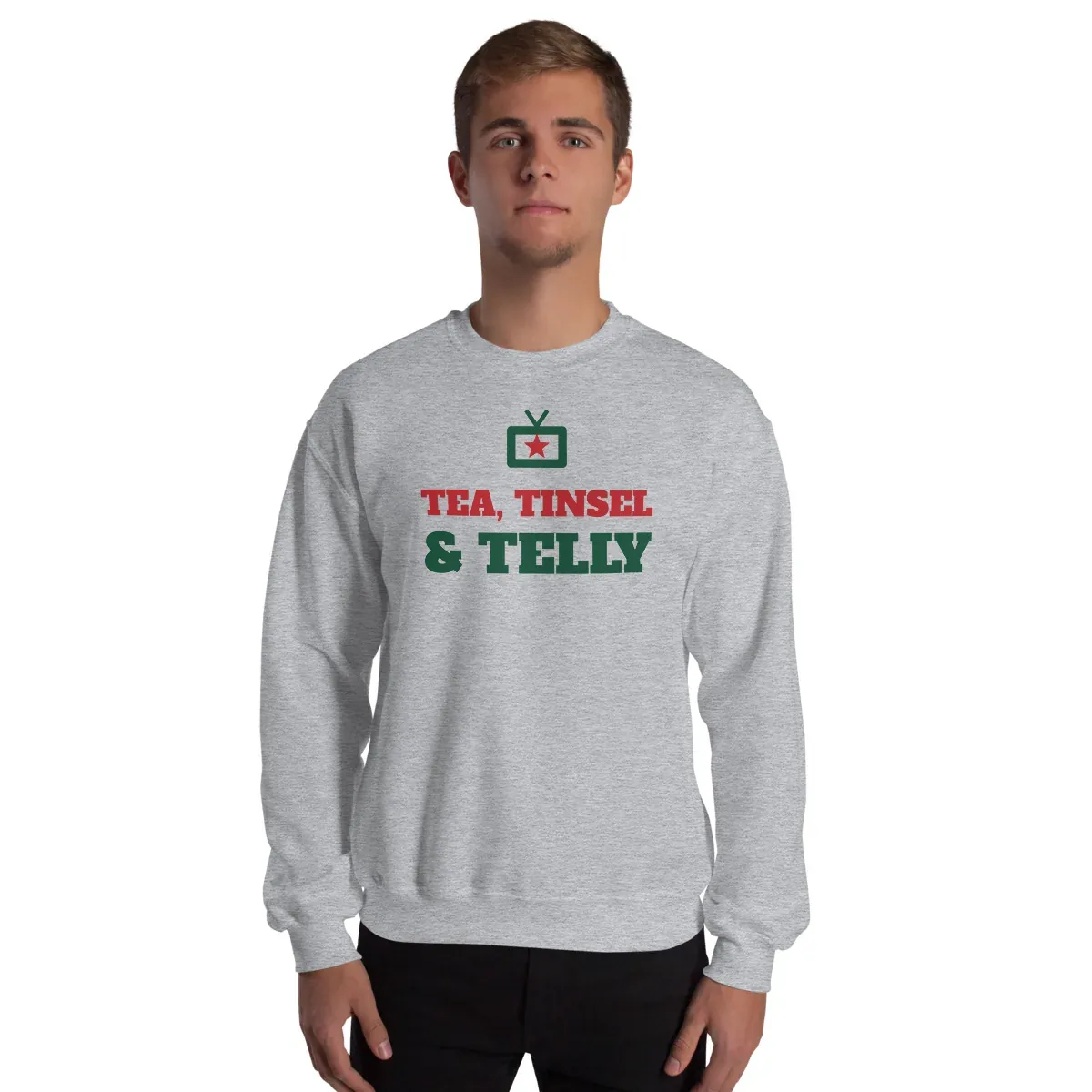 Tea, tinsel & telly — sport grey unisex sweatshirt: Worn (model)