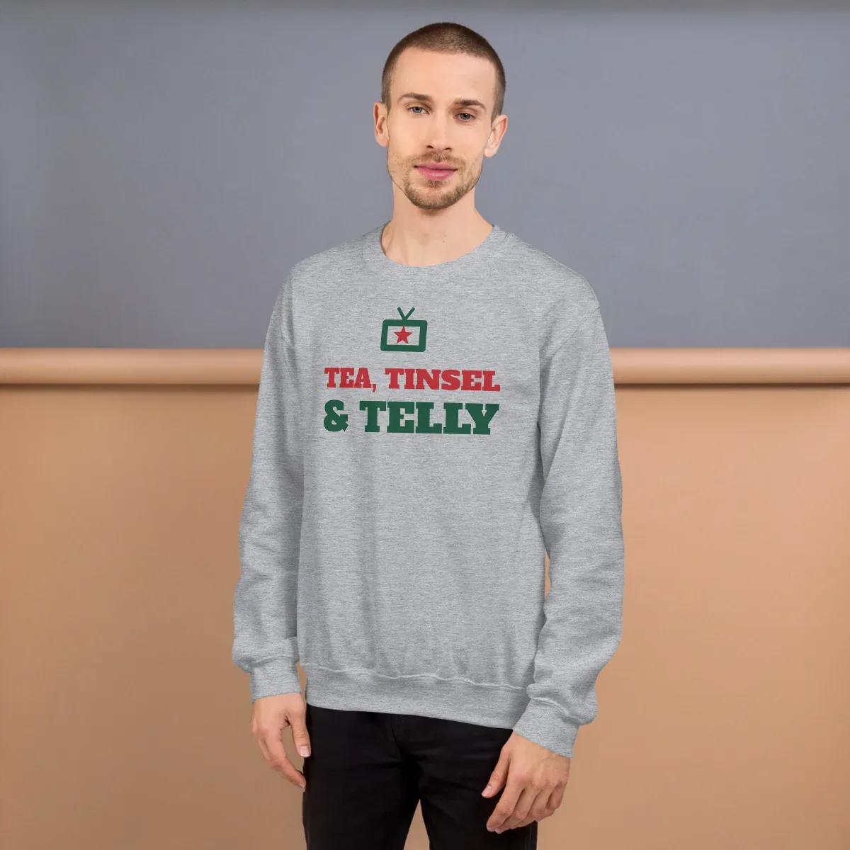 Tea, tinsel & telly — sport grey unisex sweatshirt: Worn (lifestyle)