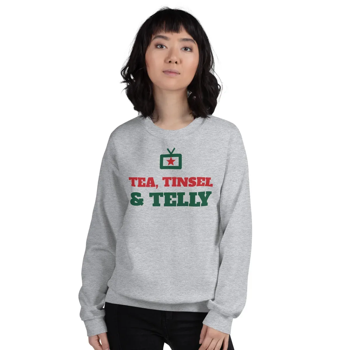 Tea, tinsel & telly — sport grey unisex sweatshirt: Worn (model)