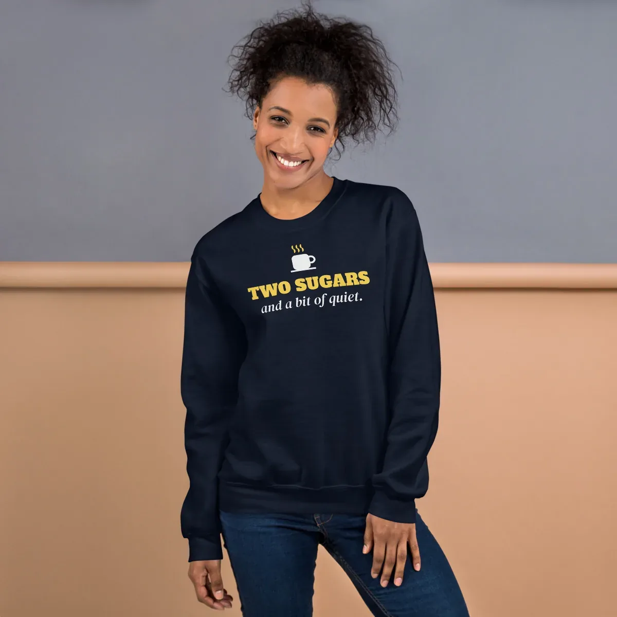 Two sugars and a bit of quiet — navy unisex sweatshirt: On model, front