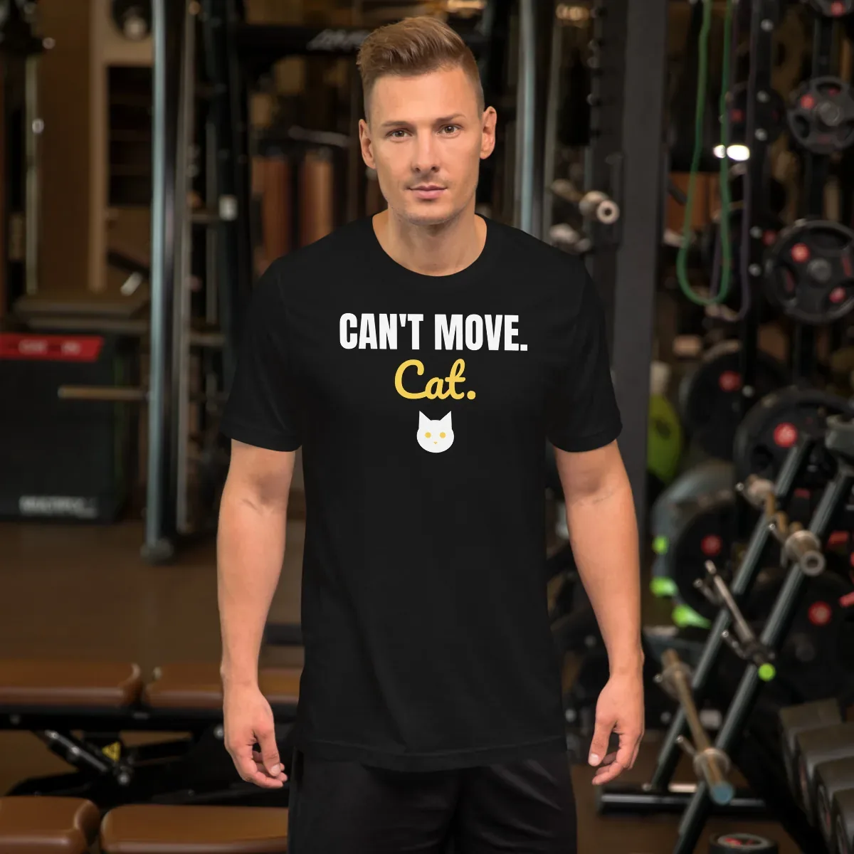 Can't move. Cat. — black unisex tee: On model, front