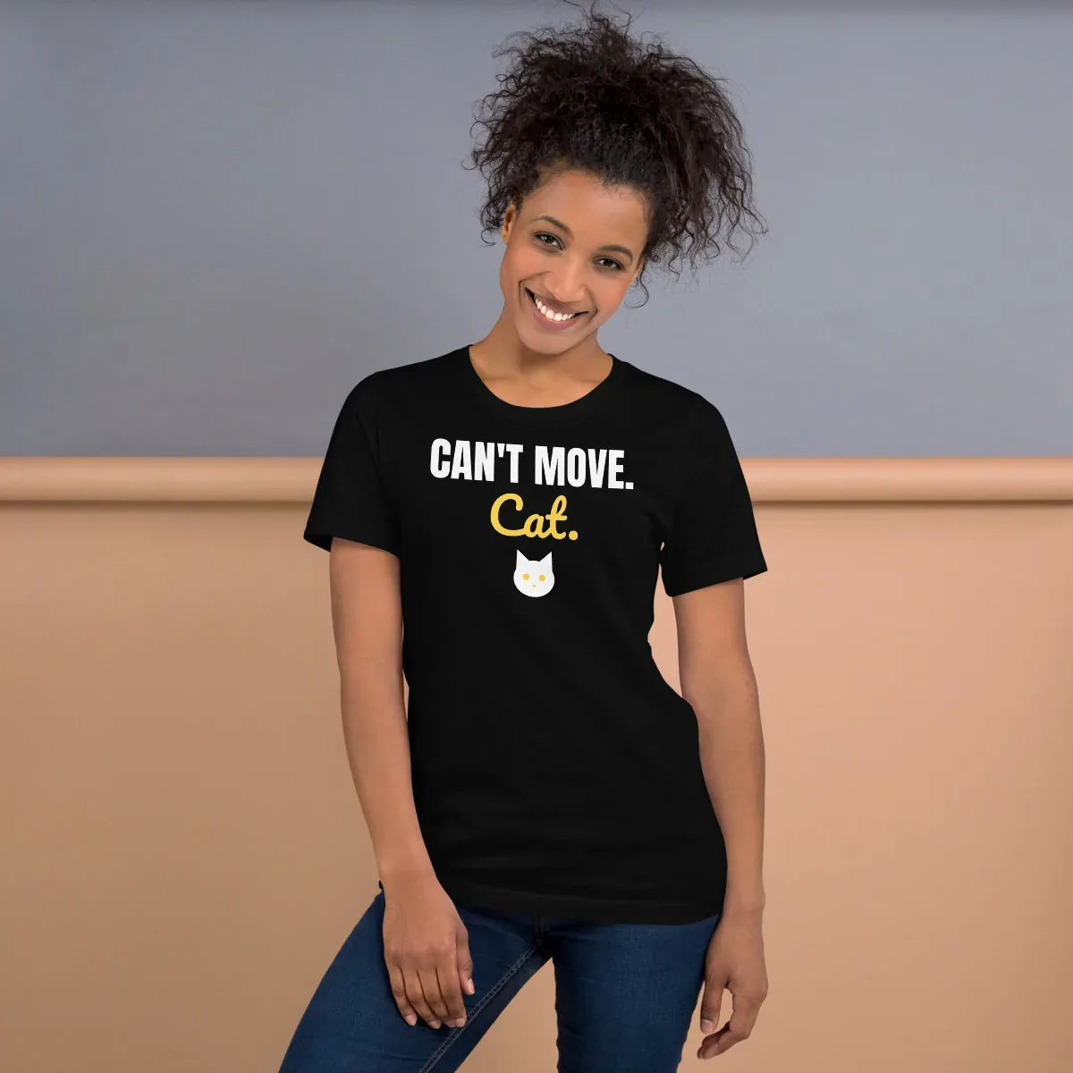 Can't move. Cat. — black unisex tee: On model, front