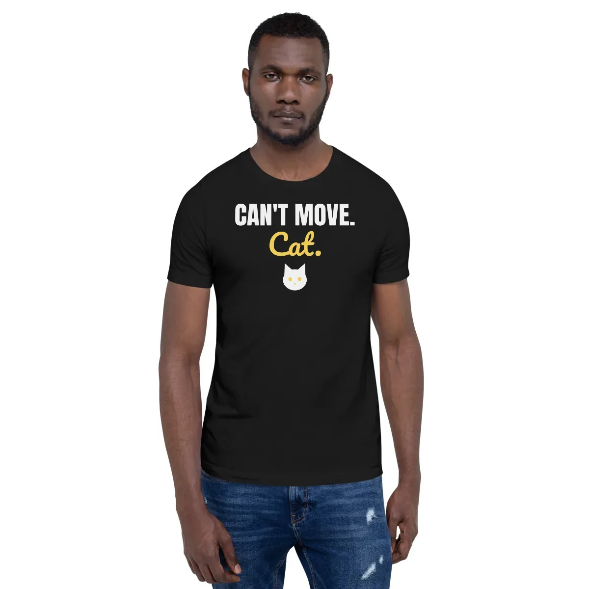Can't move. Cat. — black unisex tee: On model, front