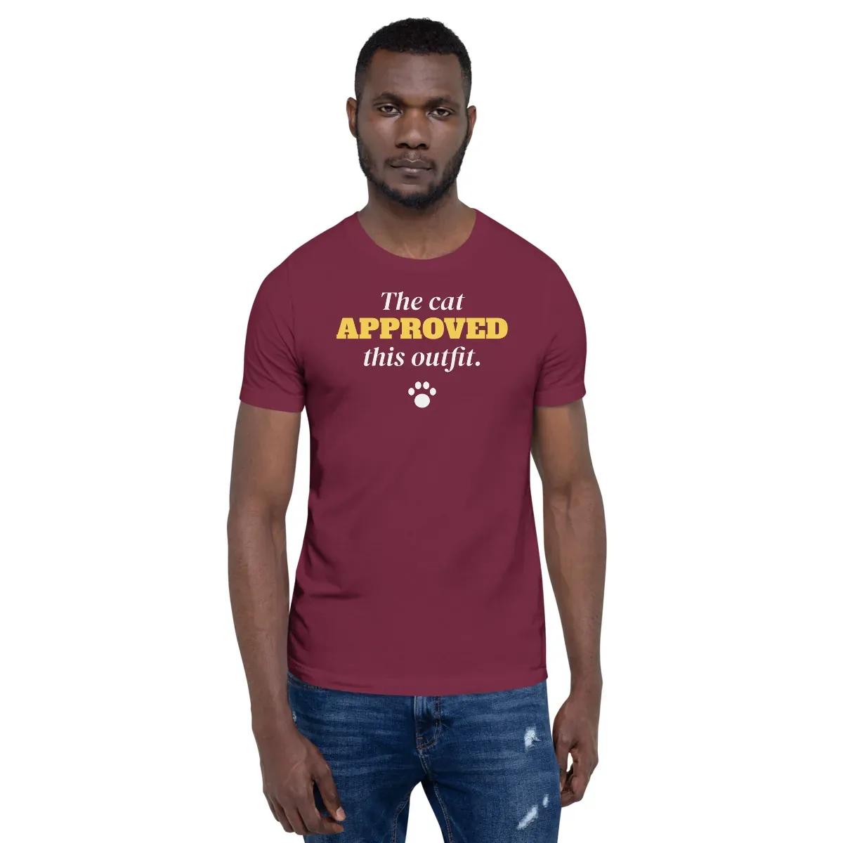 The cat approved this outfit — maroon unisex tee: On model, front