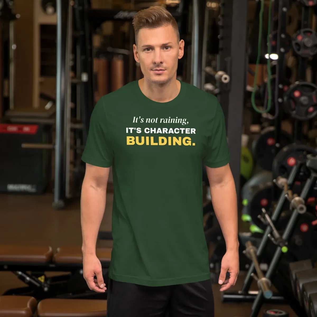 It's not raining, it's character building — forest unisex tee: On model, front